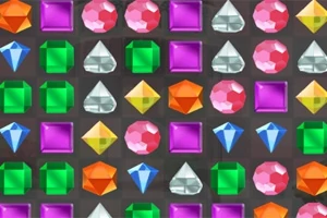Et rutenett av fargerike juveler i forskjellige former som diamanter, ovale perler og firkanter, mot en mørk bakgrunn