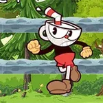 En tegnet figur med en kopp som hode, rød shorts og brune sko, står foran en grønn skogbakgrunn