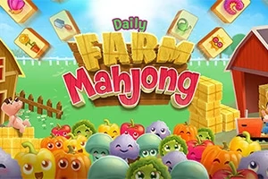 Fargerike animerte grønnsaker med smilende ansikter foran en grønn bakgrunn med en låve og høystakker, samt mahjong-brikker rundt