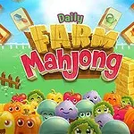 Fargerike animerte grønnsaker med smilende ansikter foran en grønn bakgrunn med en låve og høystakker, samt mahjong-brikker rundt