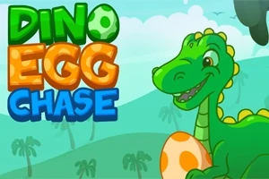 En grønn dinosaur ved siden av et oransjeprikket egg med teksten Dino Egg Chase i fargerike bokstaver