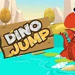 Rød dinosaur med store øyne og åpen munn står på liljeblader i en turkis vannpytt, med fjell og trær i bakgrunnen