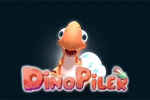 En tegneserie-dinosaur med store øyne smiler ved siden av et prikket egg over teksten DinoPiler