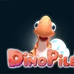 En tegneserie-dinosaur med store øyne smiler ved siden av et prikket egg over teksten DinoPiler