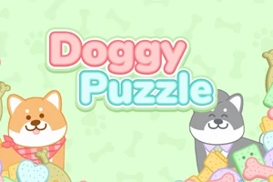 Tegning av to søte hunder med fargerike kjeks rundt dem mot en lys grønn bakgrunn, med teksten Doggy Puzzle i rosa og blått i midten