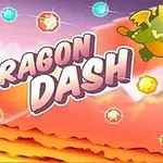 Tegnet drage med store øyne og vinger flyr gjennom fargerike krystaller med teksten Dragon Dash i midten av bildet