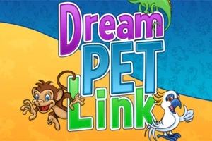 Fargerik illustrasjon med teksten Dream Pet Link, en ape og en papegøye på en blå og gul bakgrunn
