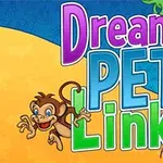 Fargerik illustrasjon med teksten Dream Pet Link, en ape og en papegøye på en blå og gul bakgrunn