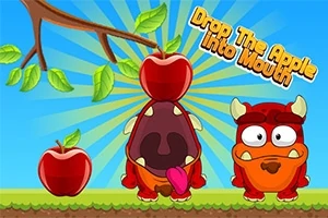 To røde figurer står på en gressbakke med epler, og en gren med blader henger i toppen, med teksten Drop The Apple Into Mouth mot en blå bakgrunn med strålemønster