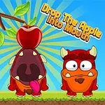 To røde figurer står på en gressbakke med epler, og en gren med blader henger i toppen, med teksten Drop The Apple Into Mouth mot en blå bakgrunn med strålemønster
