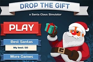 En illustrasjon av julenissen som holder en gave med teksten PLAY og flere knappalternativer som Best Santas og More Games på en blå bakgrunn