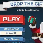 En illustrasjon av julenissen som holder en gave med teksten PLAY og flere knappalternativer som Best Santas og More Games på en blå bakgrunn