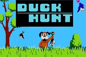 En hund står i en gresseng og holder en and foran en skogbakgrunn med flygende ender, og teksten DUCK HUNT vises øverst