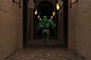 En grønn goblin med sverd i hånden i en steinete korridor opplyst av fakler