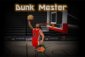 En basketballspiller i rød drakt nummer 23 hopper for å dunke ballen i kurven på en mørk bakgrunn med teksten Dunk Master over