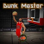 En basketballspiller i rød drakt nummer 23 hopper for å dunke ballen i kurven på en mørk bakgrunn med teksten Dunk Master over