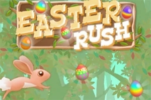 Animert hare løper gjennom en skog med fargerike påskeegg og teksten Easter Rush
