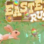 Animert hare løper gjennom en skog med fargerike påskeegg og teksten Easter Rush
