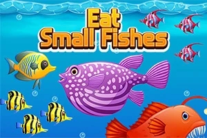 Fargerik illustrasjon av ulike fisker i et blått undervannsmiljø med teksten Eat Small Fishes øverst