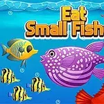 Fargerik illustrasjon av ulike fisker i et blått undervannsmiljø med teksten Eat Small Fishes øverst