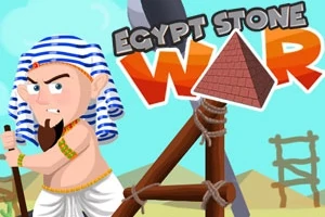 En tegneseriefigur i egyptisk stil med et blå- og hvitstripet hodeplagg står ved siden av en stor trebøyle med et våpen; teksten Egypt Stone War vises øverst
