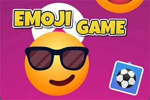 En emoji med solbriller på en lilla bakgrunn med teksten EMOJI GAME og et ikon av en fotball