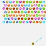 Fargerike emoji-bobler i ulike ansiktsuttrykk plassert i rader øverst med en pil som peker opp fra en enkelt boble nederst