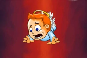 En tegneseriefigur med oransje hår, englevinger og glorie ser redd ut mens den faller mot en rød bakgrunn