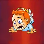 En tegneseriefigur med oransje hår, englevinger og glorie ser redd ut mens den faller mot en rød bakgrunn