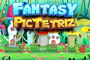 Tittelen Fantasy PicTetriz med fargerike sopp og eventyrlig husbakgrunn