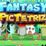 Tittelen Fantasy PicTetriz med fargerike sopp og eventyrlig husbakgrunn