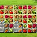 Rutenett med ikoner av grønnsaker og frukt som tomater, gulrøtter, løk, kål og bringebær mot en grønn bakgrunn
