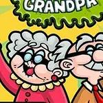 To eldre, tegneserieaktige karakterer, en bestemor og bestefar, holder kjøkkenredskaper og smiler bredt