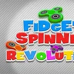 Fargerik tekst med ordet Fidget Spinner Revolution og flere fidget spinnere i bakgrunnen