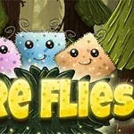 Fargerike, søte skapninger med glade ansikter og teksten Fire Flies i skinnende gule bokstaver foran en skogbakgrunn