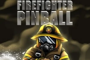 En brannmann i gul uniform og maske holder en brannslange, med teksten Firefighter Pinball over