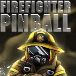 En brannmann i gul uniform og maske holder en brannslange, med teksten Firefighter Pinball over