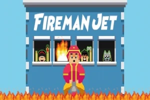 Brannmann i rød uniform står foran et blått bygg med navnet Fireman Jet, mens flammer brenner under ham og flere figurer vises i vinduene