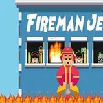 Brannmann i rød uniform står foran et blått bygg med navnet Fireman Jet, mens flammer brenner under ham og flere figurer vises i vinduene