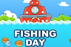 Rød båt bak bølger med fargerike fisker i vannet og teksten Fishing Day