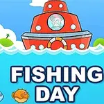 Rød båt bak bølger med fargerike fisker i vannet og teksten Fishing Day