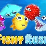 Fargerike tegneserieaktige havdyr med store øyne og teksten Fishy Rush nederst