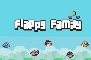 Fargede fugler og en katt med vinger flyr over grønne rør med teksten Flappy Family øverst
