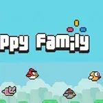 Fargede fugler og en katt med vinger flyr over grønne rør med teksten Flappy Family øverst