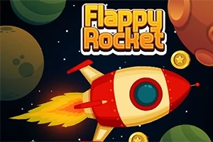 Rød og hvit rakett i verdensrommet med planeter og mynter i bakgrunnen, samt teksten Flappy Rocket