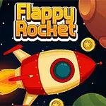 Rød og hvit rakett i verdensrommet med planeter og mynter i bakgrunnen, samt teksten Flappy Rocket