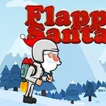 Julenisse med jetpack flyr mot en snødekt pipe og en svevende gave med ballong i en vinterlig landskap