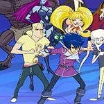 Flere animerte figurer i forskjellige positurer, inkludert mennesker, en katt og muskuløse skapninger, står sammen på en blå bakgrunn
