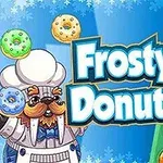 Isbjørnkledd skikkelse med bakerhatt holder fargerike smultringer, tekst Frosty Donuts i blått med snøfnugg bakgrunn, og smultringer på brett til høyre