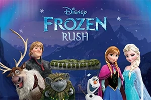 Karakterer i vinterklær med et fjellandskap i bakgrunnen og teksten Frozen Rush ovenfor